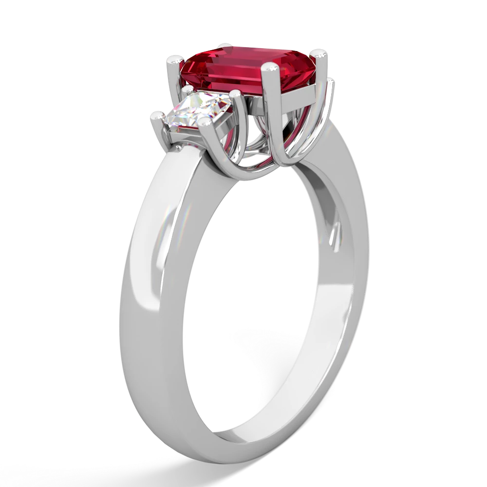 Lab Ruby Diamond Three Stone Emerald-Cut Trellis 14K White Gold ring R4021