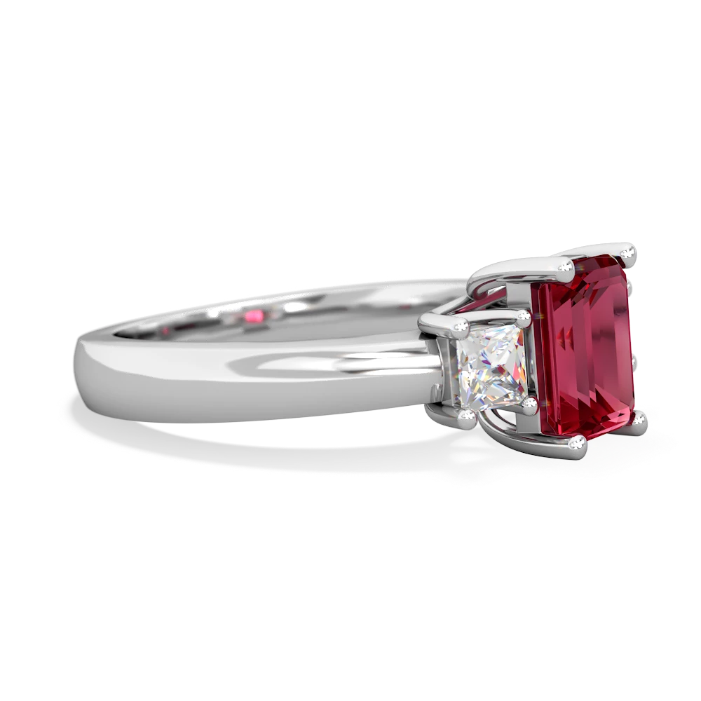 Lab Ruby Diamond Three Stone Emerald-Cut Trellis 14K White Gold ring R4021