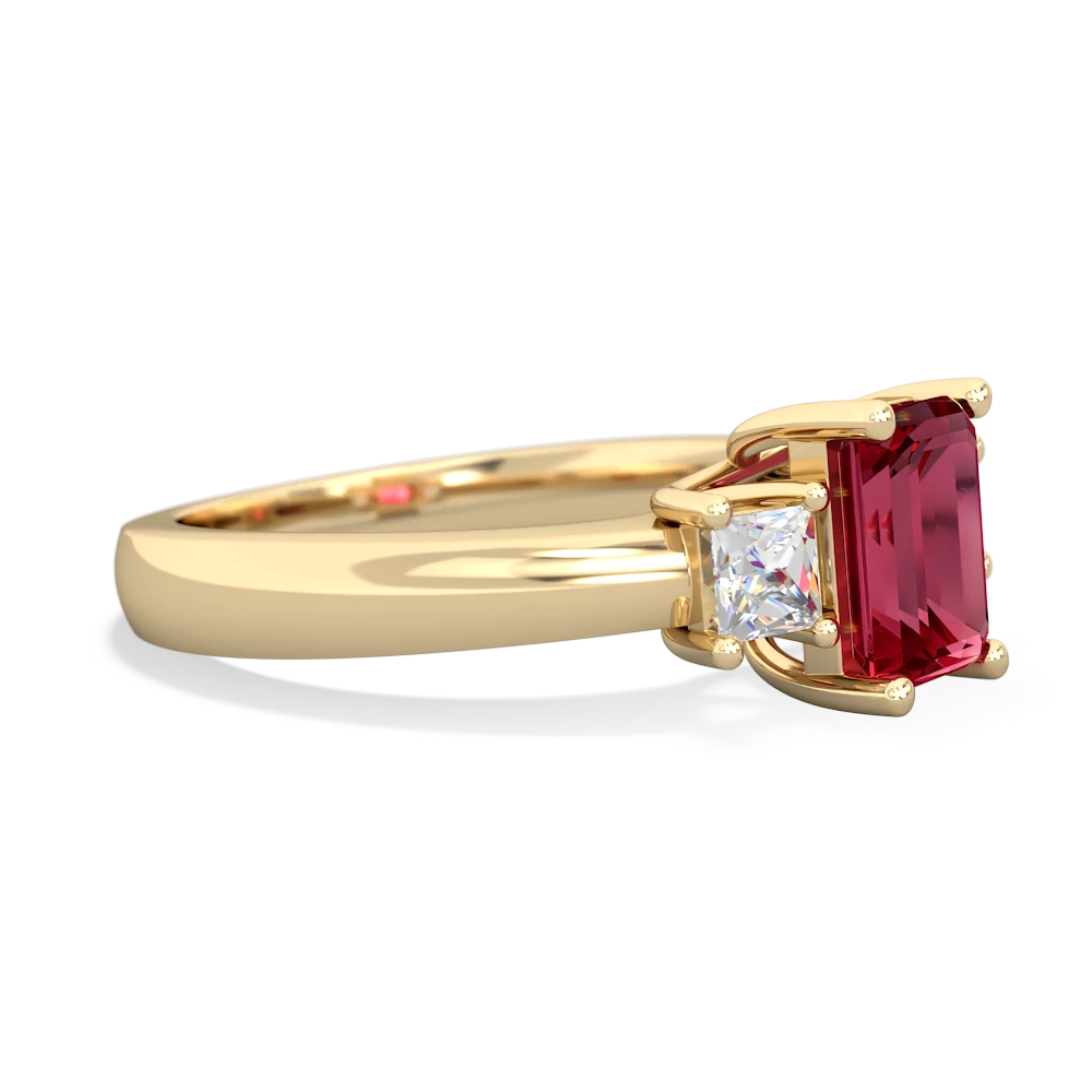 Lab Ruby Diamond Three Stone Emerald-Cut Trellis 14K Yellow Gold ring R4021
