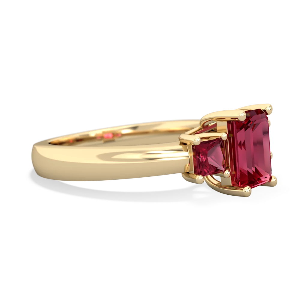 Lab Ruby Three Stone Emerald-Cut Trellis 14K Yellow Gold ring R4021