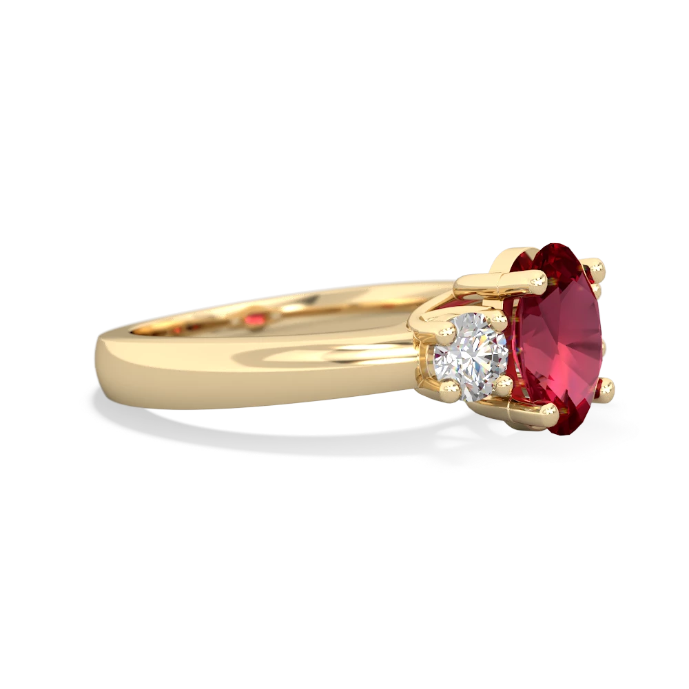 Lab Ruby Three Stone Trellis 14K Yellow Gold ring R4024