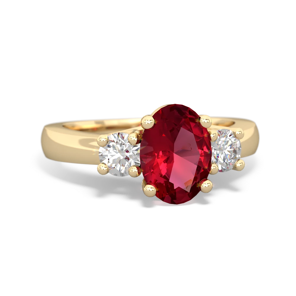 Lab Ruby Diamond Three Stone Oval Trellis 14K Yellow Gold ring R4024