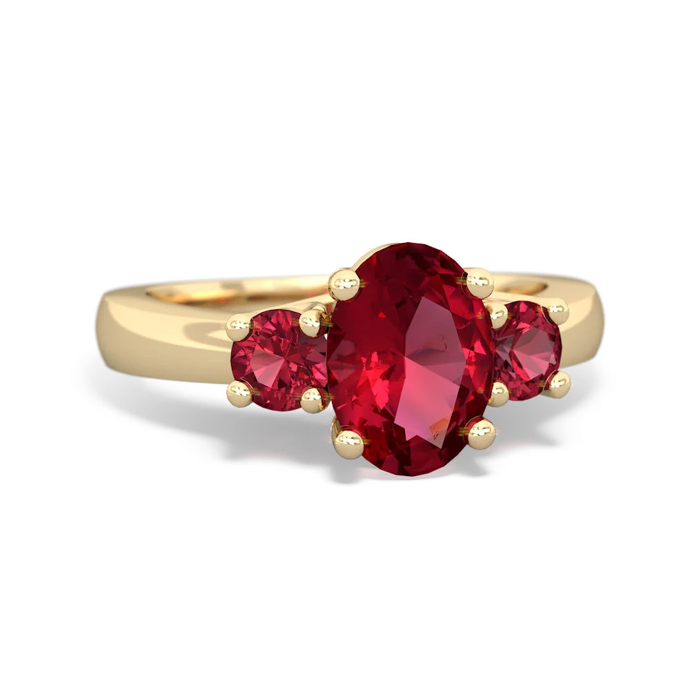 Lab Ruby Three Stone Oval Trellis 14K Yellow Gold ring R4024