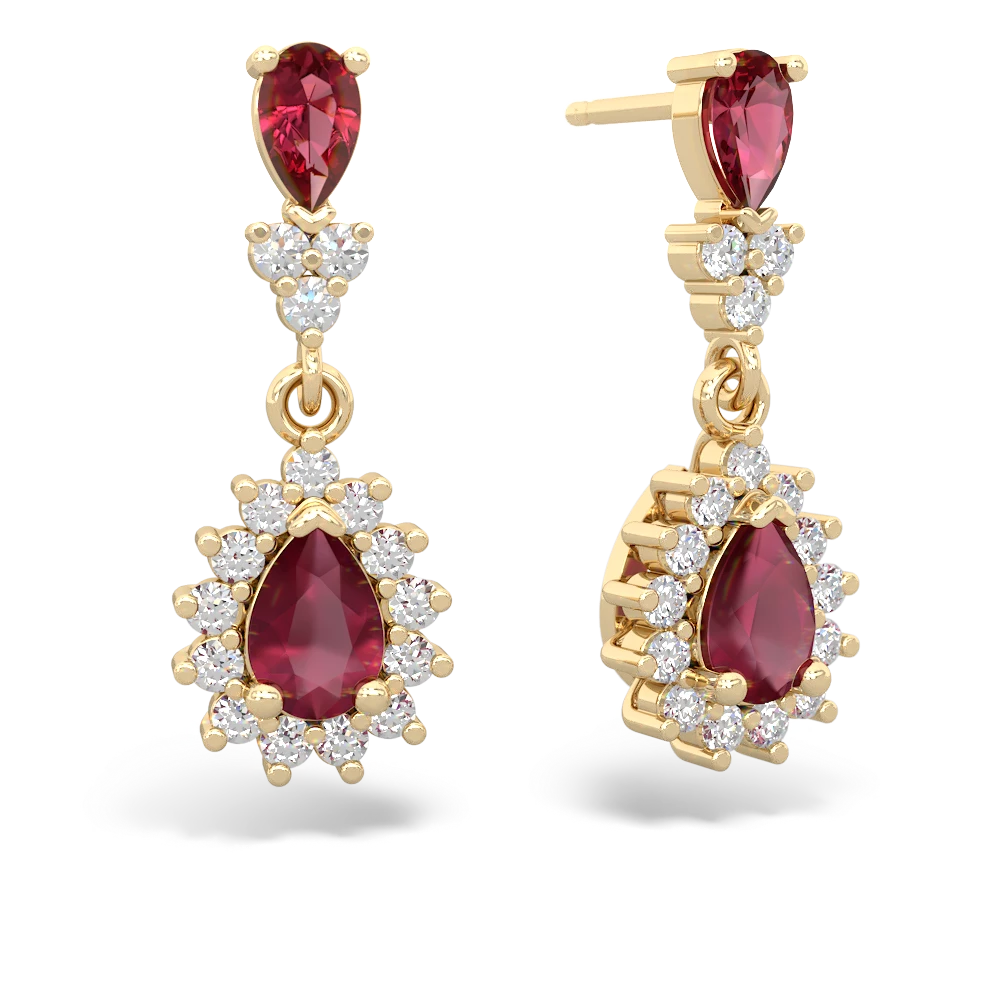 Lab Ruby Halo Pear Dangle 14K Yellow Gold earrings E1882