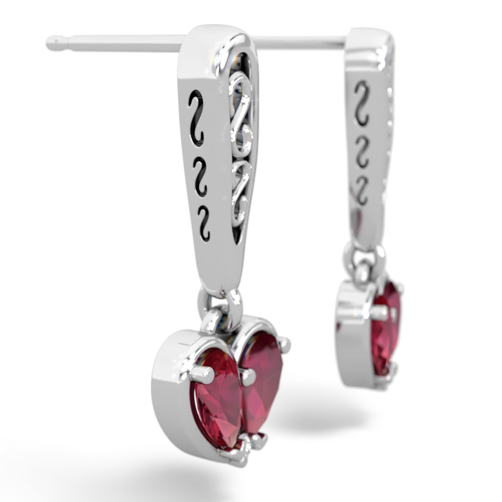 Lab Ruby Filligree Heart 14K White Gold earrings E5070