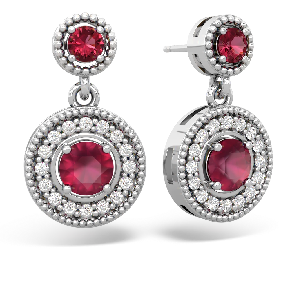 Lab Ruby Halo Dangle 14K White Gold earrings E5319