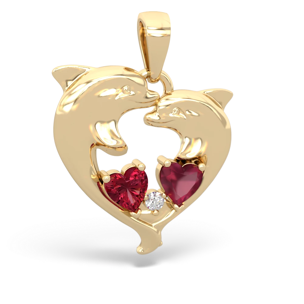 Lab Ruby Dolphin Heart 14K Yellow Gold pendant P5820