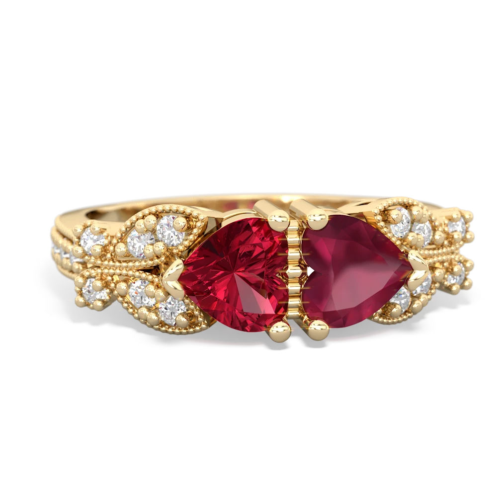 Lab Ruby Diamond Butterflies 14K Yellow Gold ring R5601