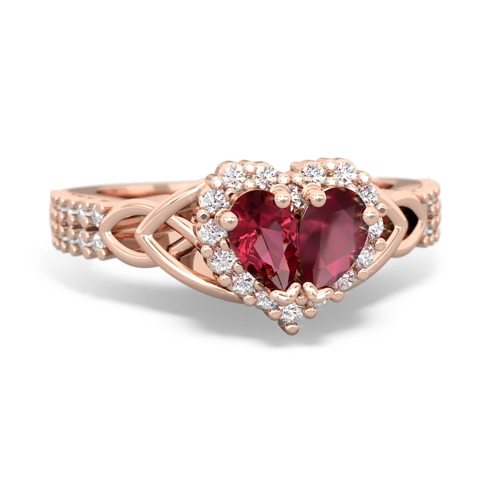 Lab Ruby Celtic Knot Two Hearts As One 14K Rose Gold ring R2644HRT