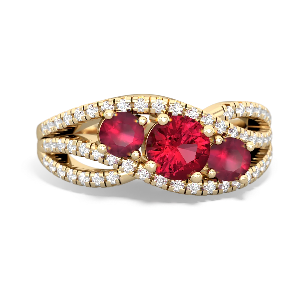 Lab Ruby Three Stone Aurora 14K Yellow Gold ring R3080