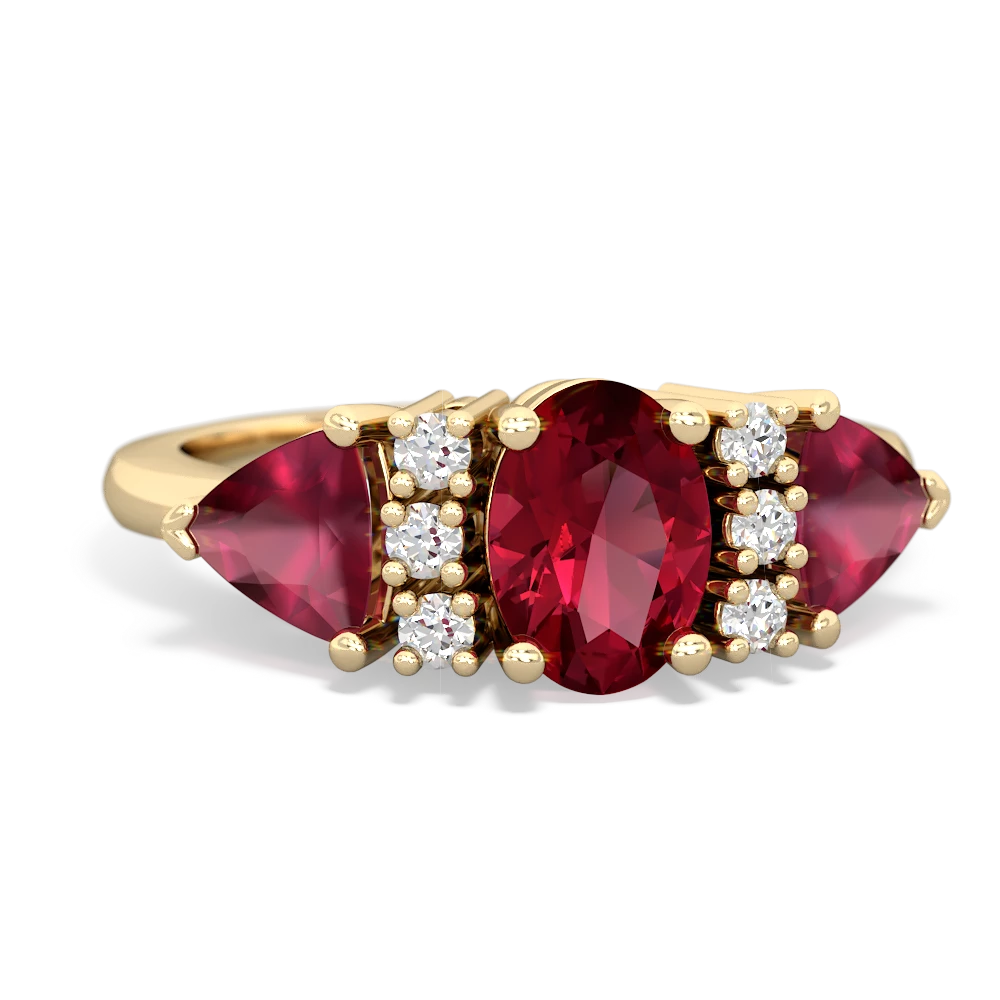 Lab Ruby Antique Style Three Stone 14K Yellow Gold ring R2186