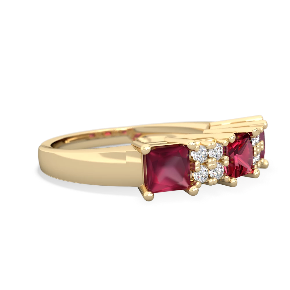 Lab Ruby Three Stone Diamond Cluster 14K Yellow Gold ring R2592