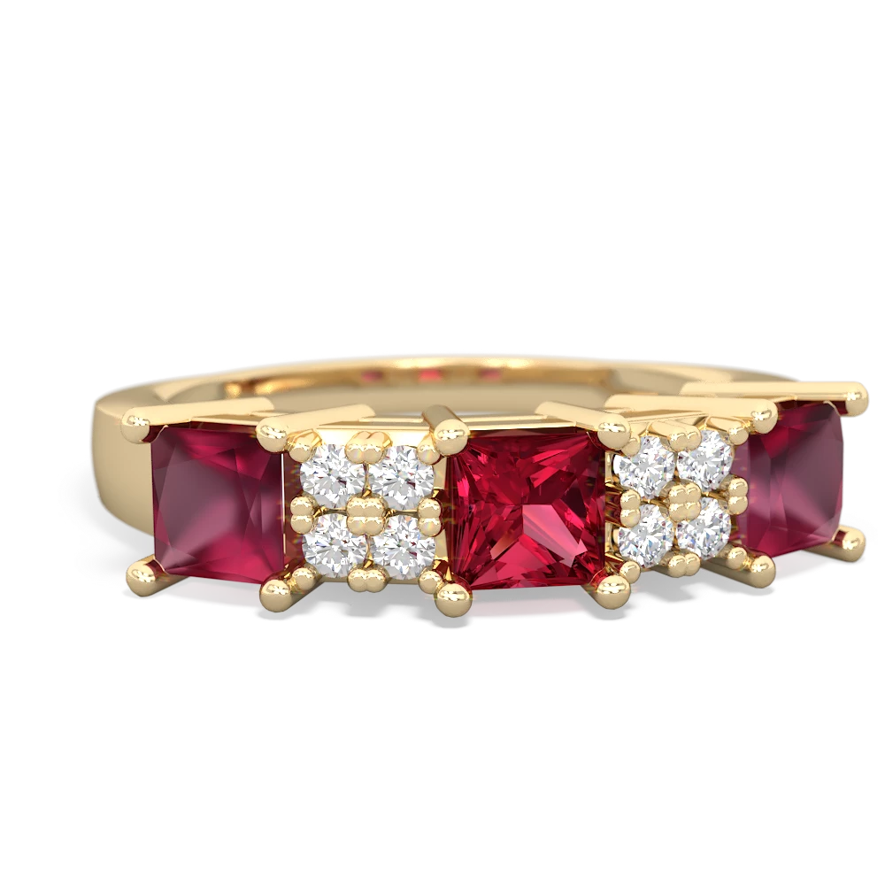 Lab Ruby Three Stone Diamond Cluster 14K Yellow Gold ring R2592