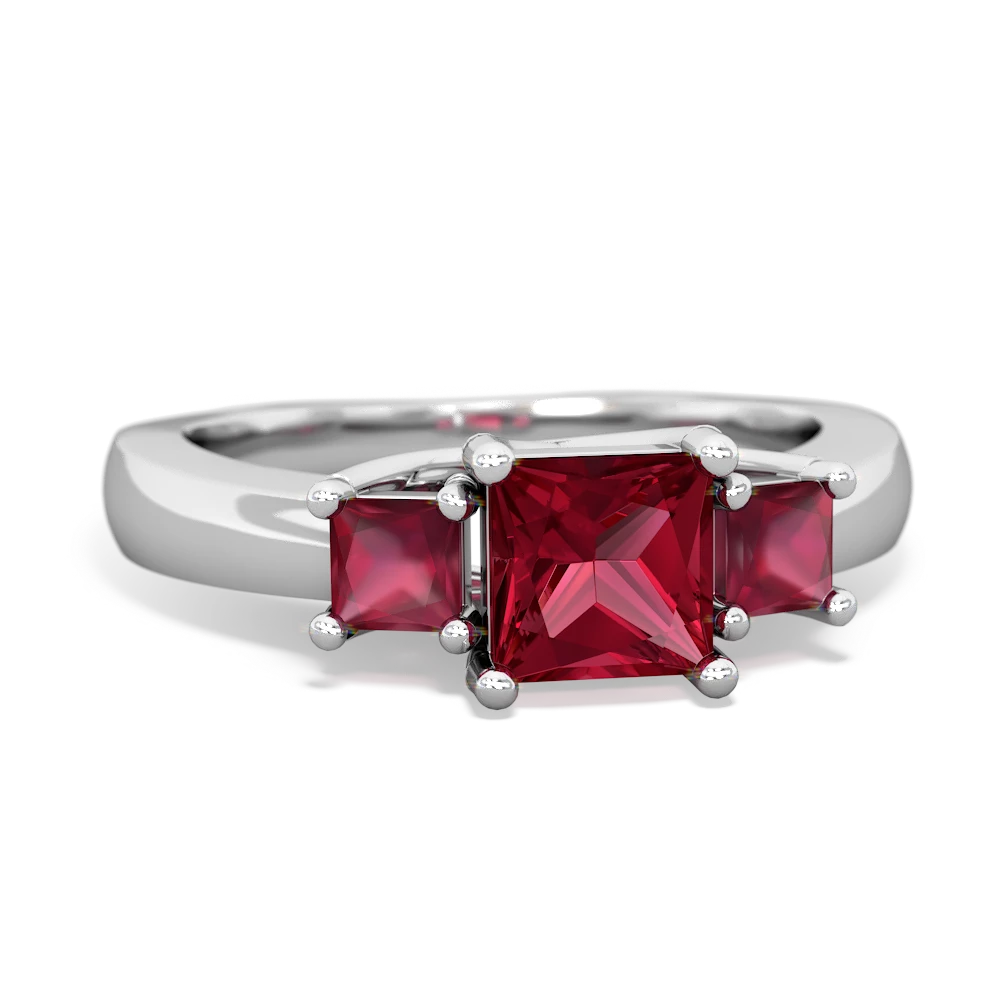 Lab Ruby Three Stone Trellis 14K White Gold ring R4015