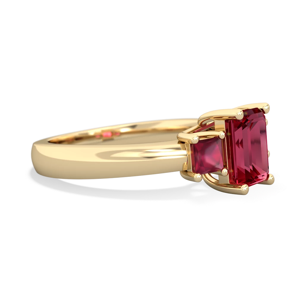 Lab Ruby Three Stone Emerald-Cut Trellis 14K Yellow Gold ring R4021