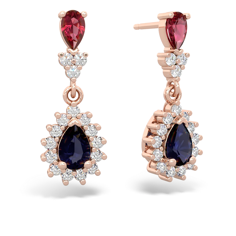 Lab Ruby Halo Pear Dangle 14K Rose Gold earrings E1882