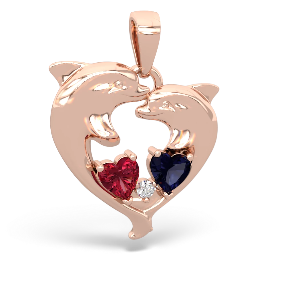 Lab Ruby Dolphin Heart 14K Rose Gold pendant P5820