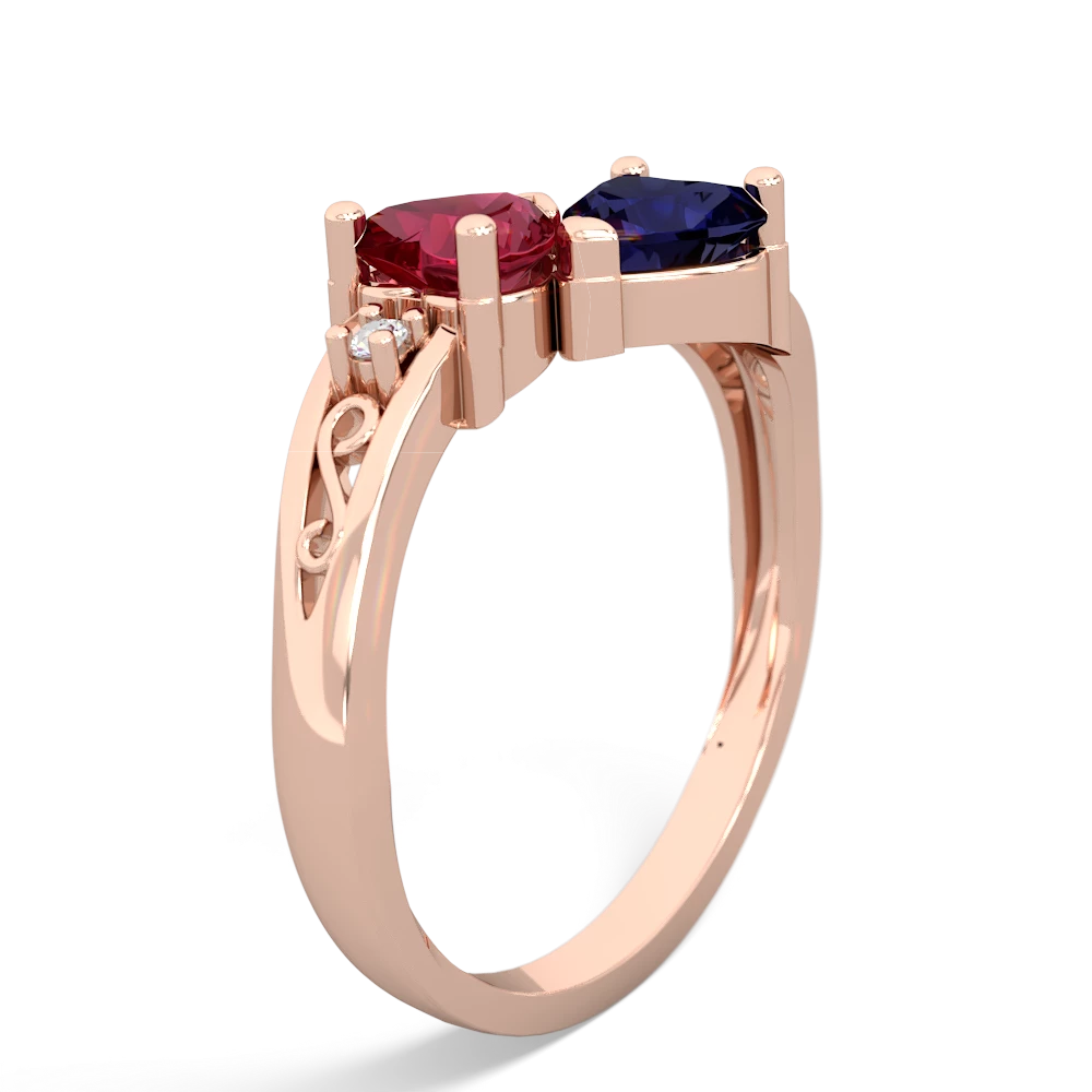 Lab Ruby Snuggling Hearts 14K Rose Gold ring R2178