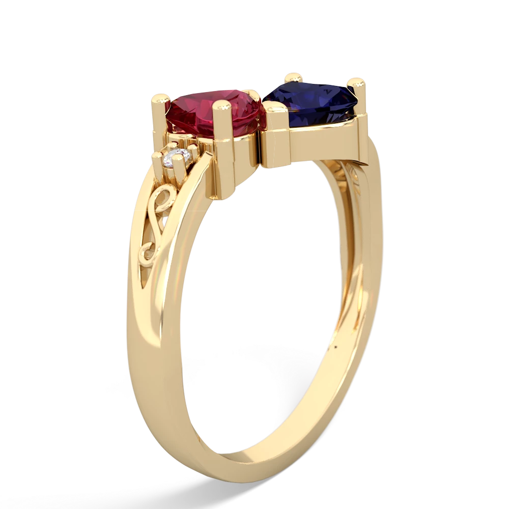 Lab Ruby Snuggling Hearts 14K Yellow Gold ring R2178