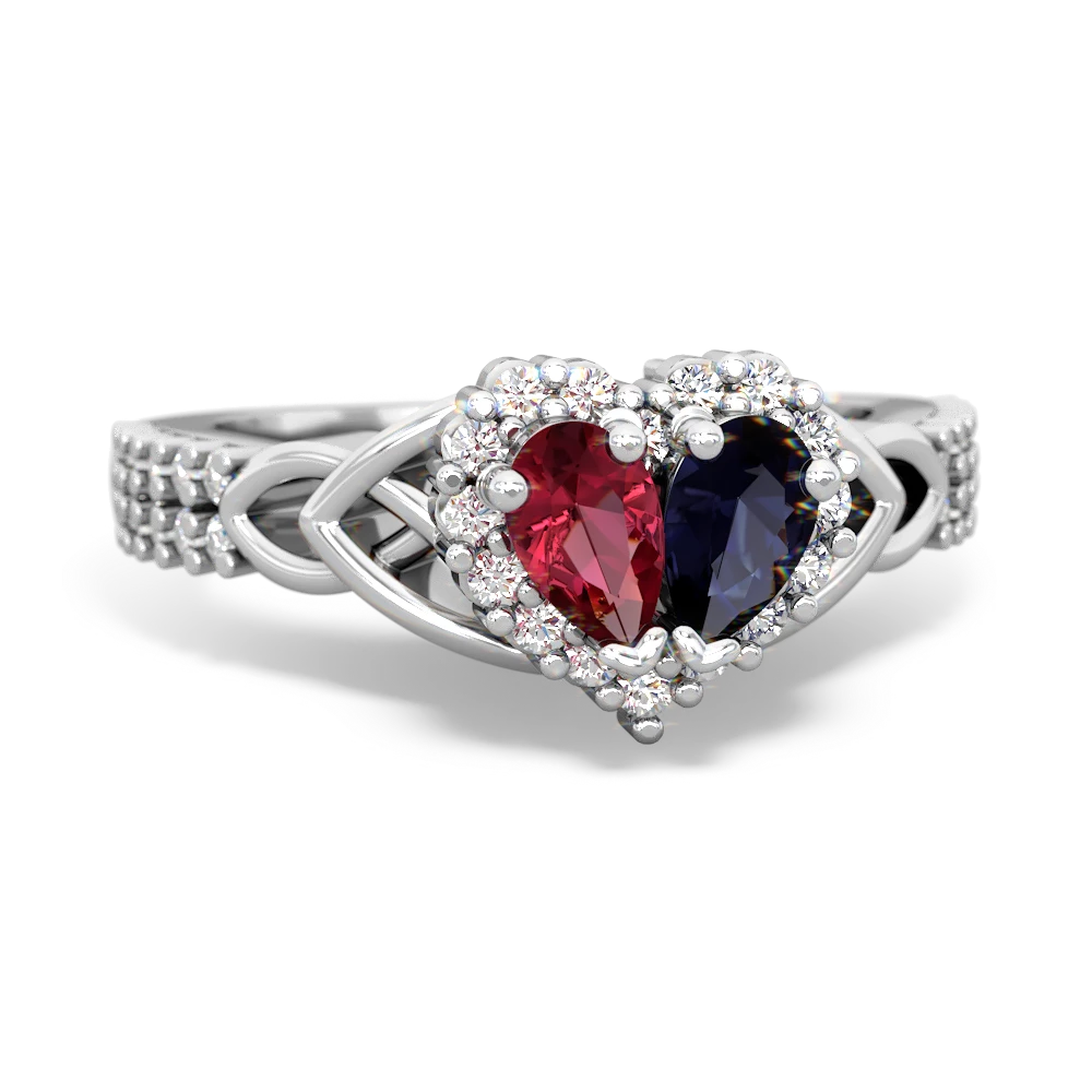 Lab Ruby Celtic Knot Two Hearts As One 14K White Gold ring R2644HRT