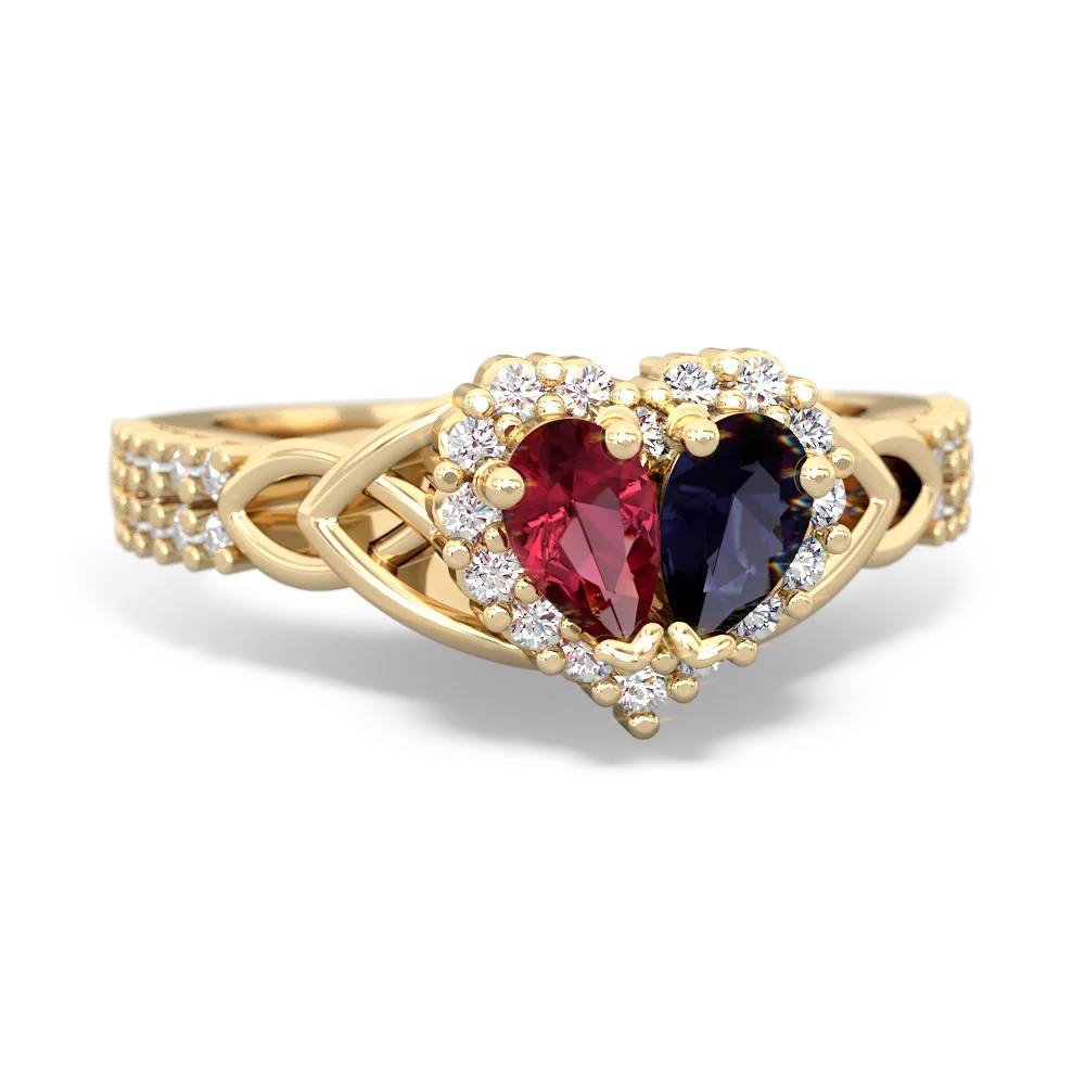 Lab Ruby Celtic Knot Two Hearts As One 14K Yellow Gold ring R2644HRT