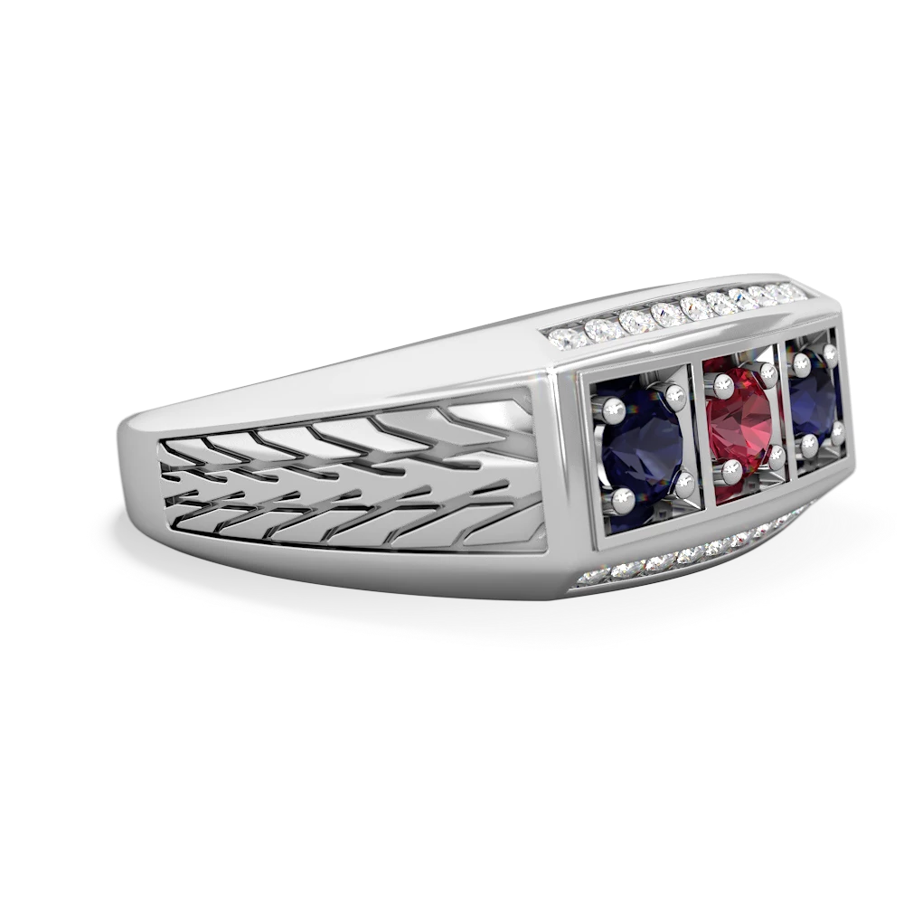 Lab Ruby Three Stone Tire Tread Men's 14K White Gold ring R0520