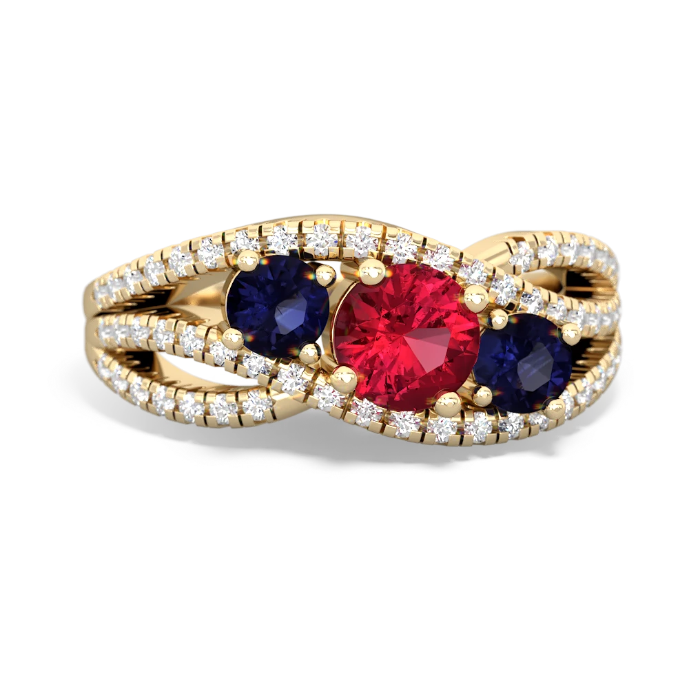 Lab Ruby Three Stone Aurora 14K Yellow Gold ring R3080