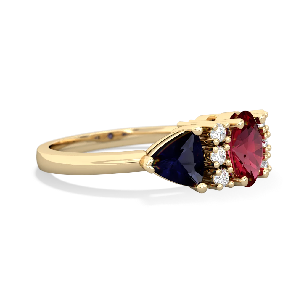 Lab Ruby Antique Style Three Stone 14K Yellow Gold ring R2186