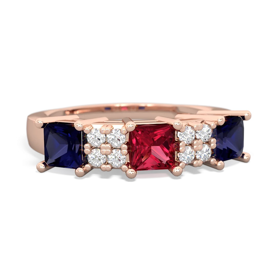 Lab Ruby Three Stone Diamond Cluster 14K Rose Gold ring R2592