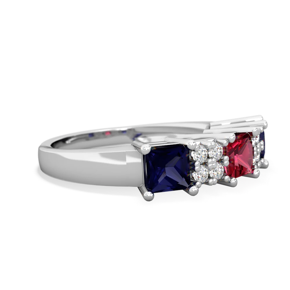 Lab Ruby Three Stone Diamond Cluster 14K White Gold ring R2592