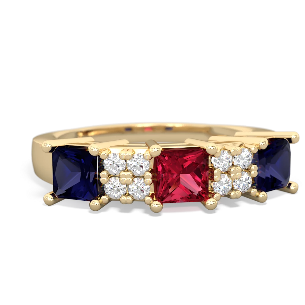 Lab Ruby Three Stone Diamond Cluster 14K Yellow Gold ring R2592