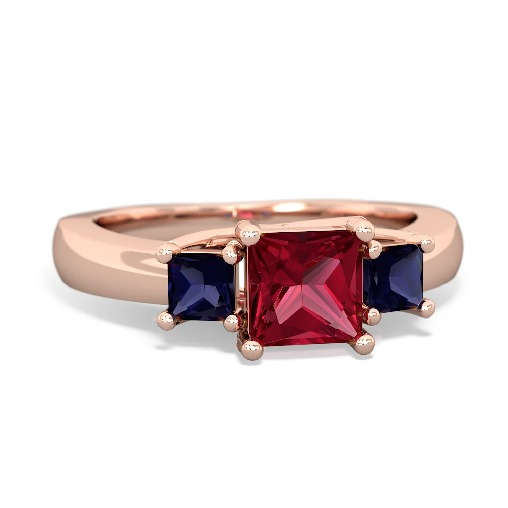 Lab Ruby Three Stone Trellis 14K Rose Gold ring R4015