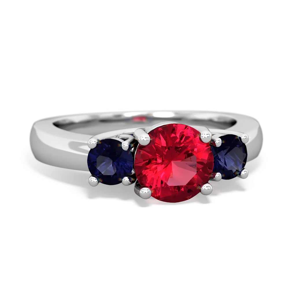 Lab Ruby Three Stone Round Trellis 14K White Gold ring R4018