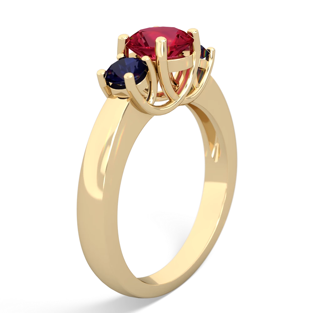 Lab Ruby Three Stone Round Trellis 14K Yellow Gold ring R4018