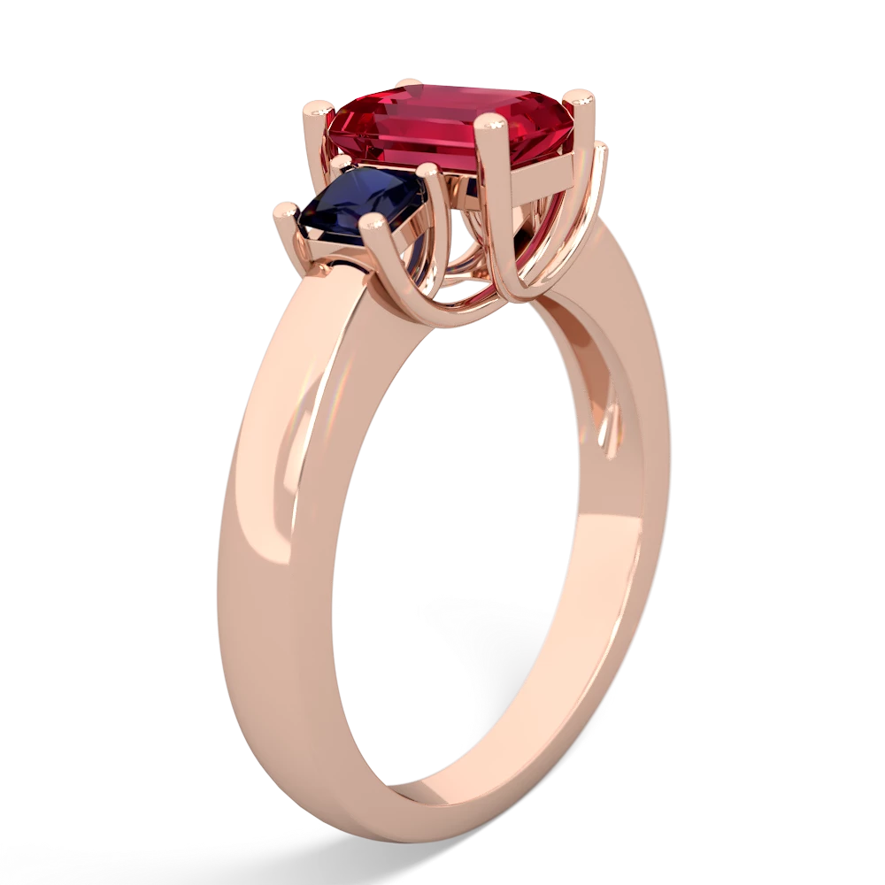 Lab Ruby Three Stone Emerald-Cut Trellis 14K Rose Gold ring R4021