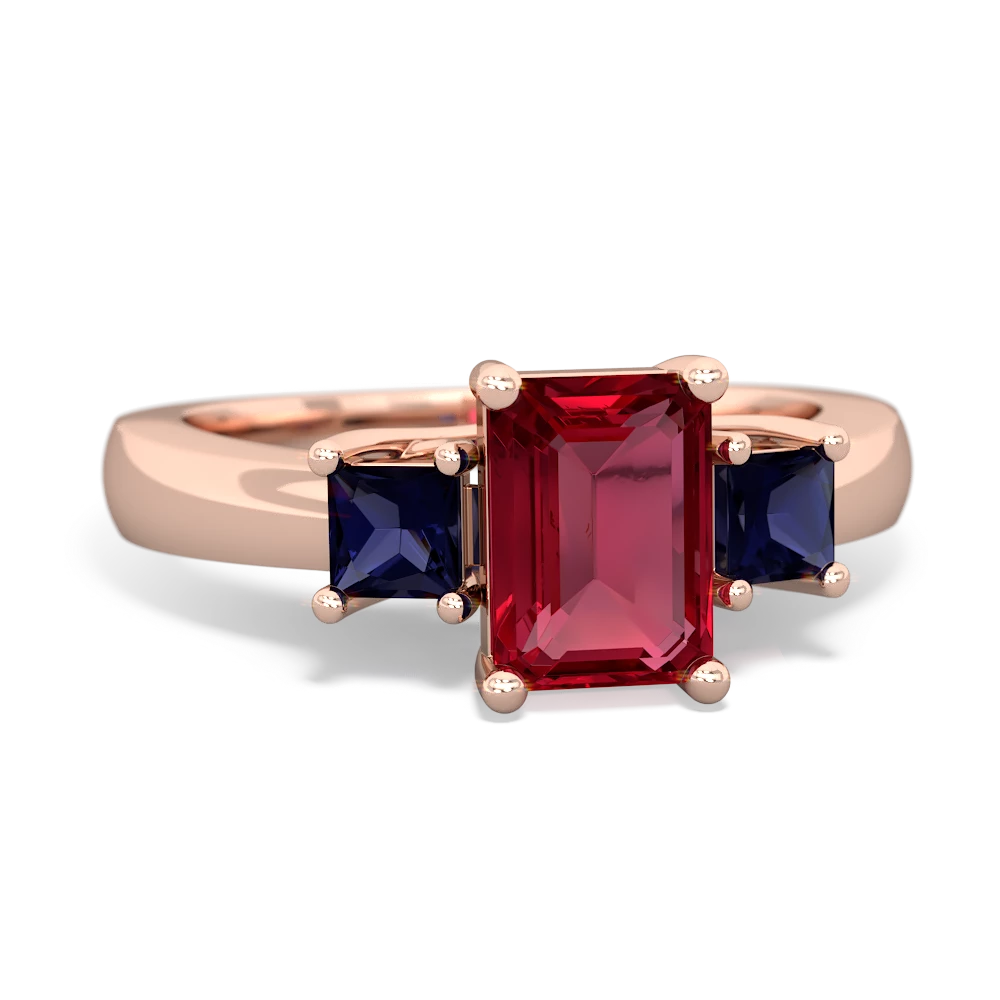 Lab Ruby Three Stone Emerald-Cut Trellis 14K Rose Gold ring R4021