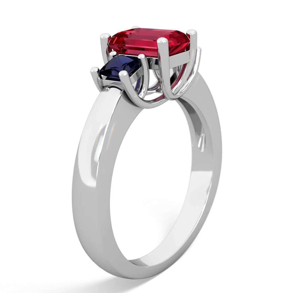 Lab Ruby Three Stone Emerald-Cut Trellis 14K White Gold ring R4021