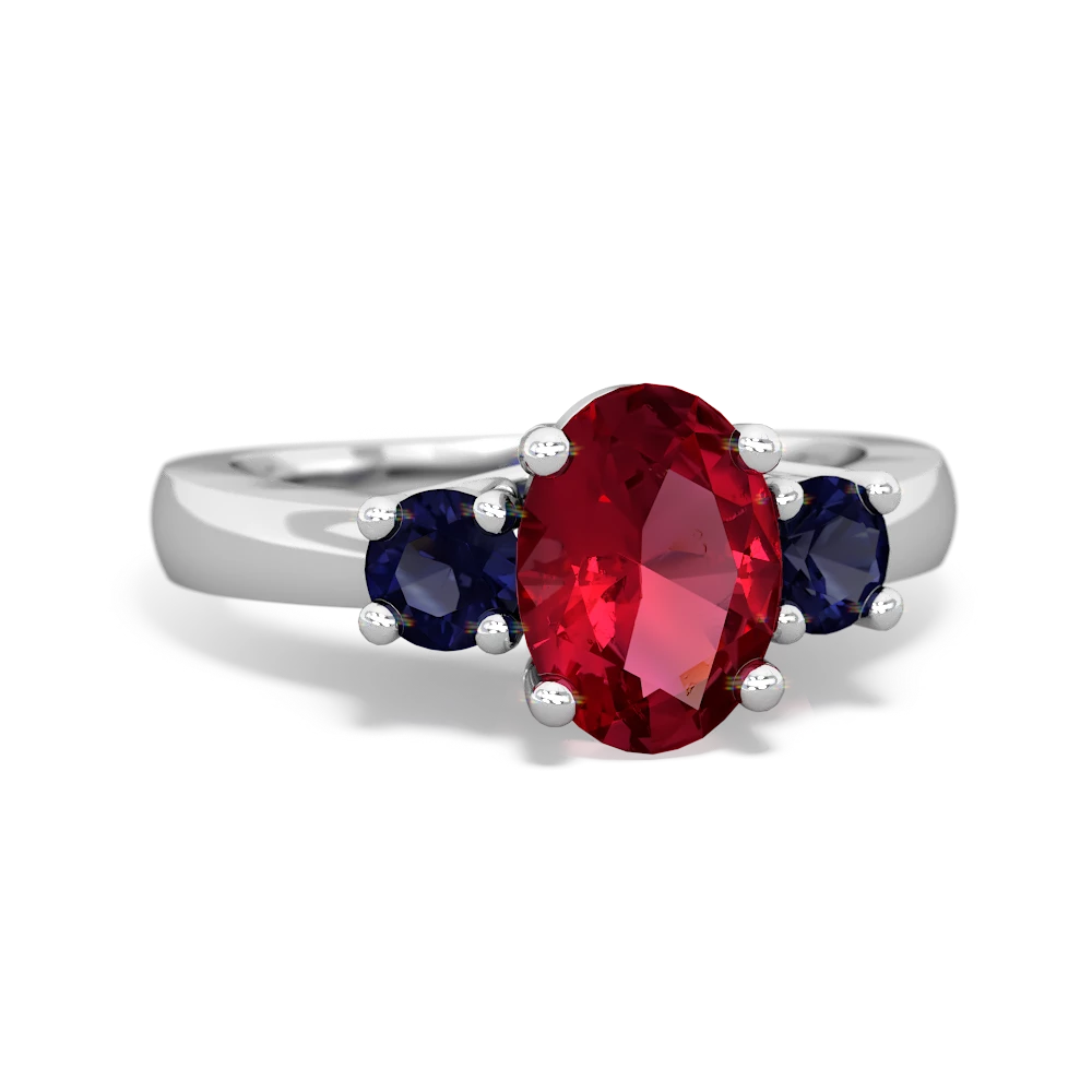 Lab Ruby Three Stone Oval Trellis 14K White Gold ring R4024