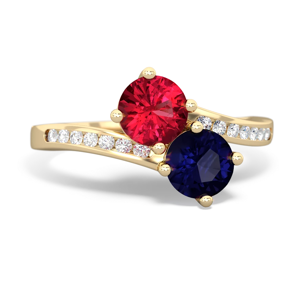 Lab Ruby Channel Set Two Stone 14K Yellow Gold ring R5303