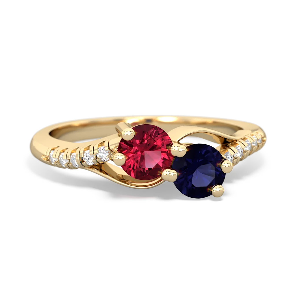 Lab Ruby Infinity Pave Two Stone 14K Yellow Gold ring R5285