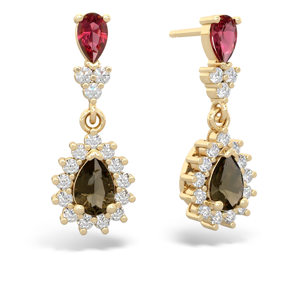 Lab Ruby Halo Pear Dangle 14K Yellow Gold earrings E1882