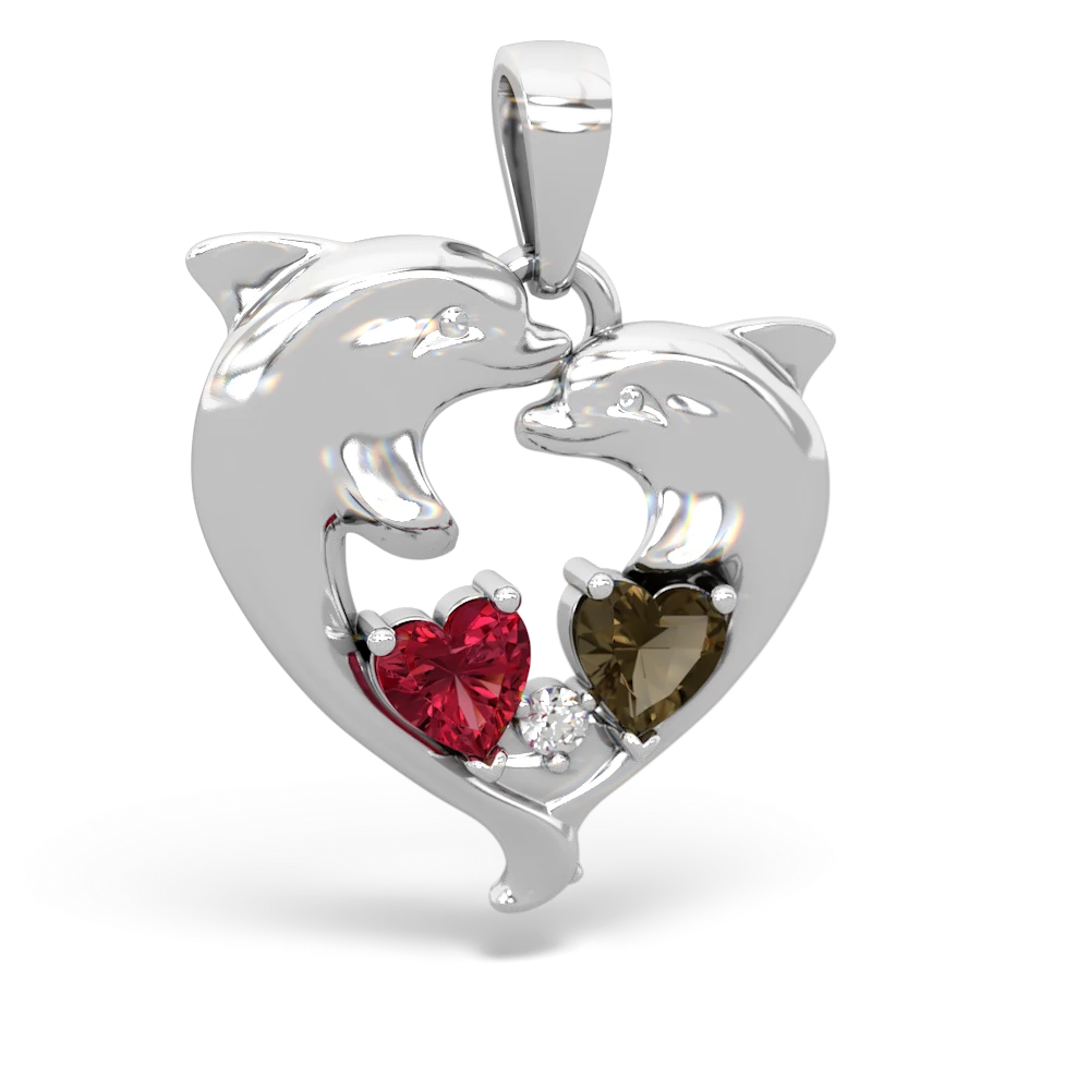 Lab Ruby Dolphin Heart 14K White Gold pendant P5820