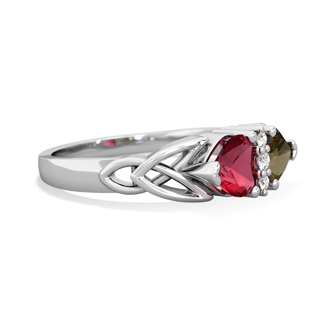 Lab Ruby Celtic Knot Double Heart 14K White Gold ring R5040