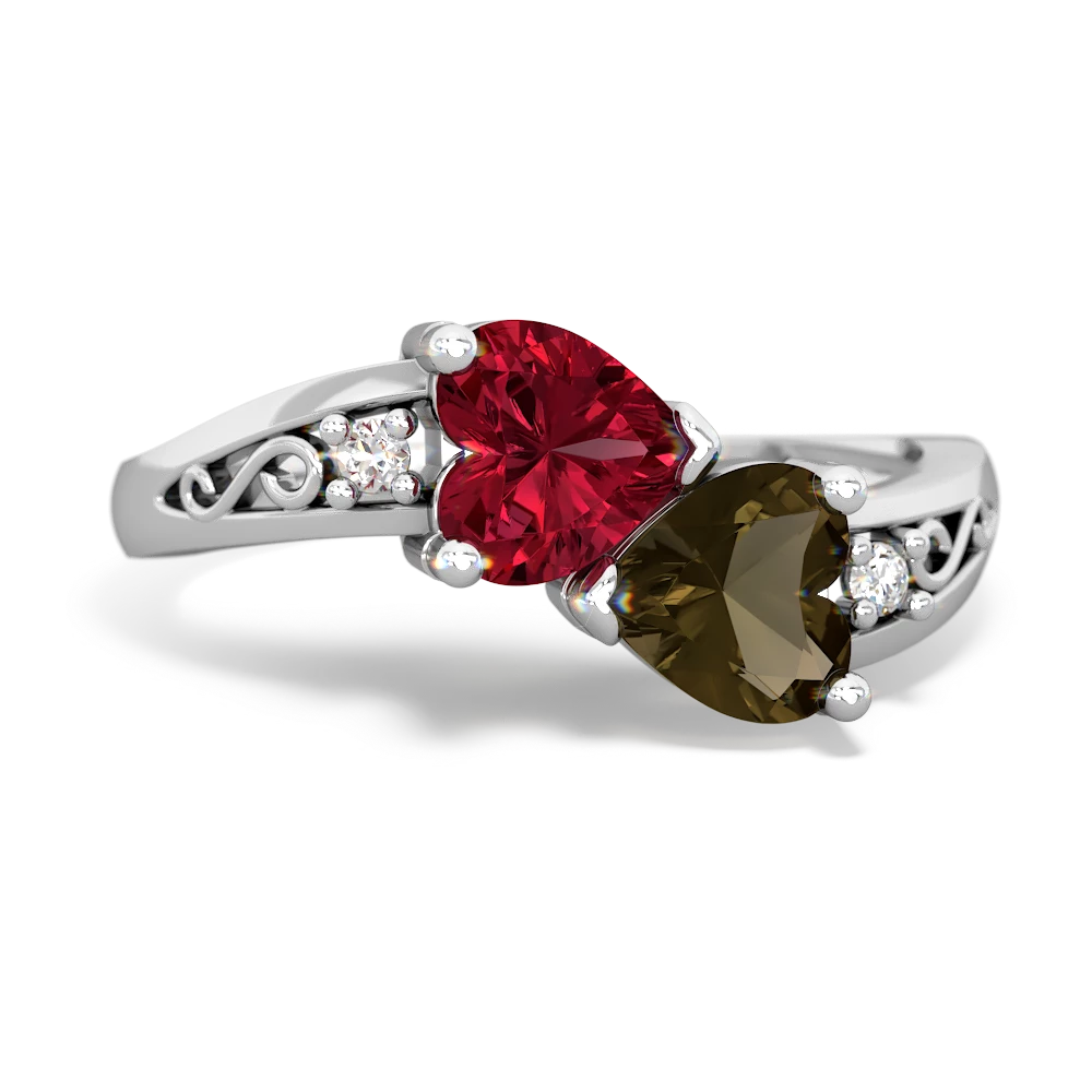 Lab Ruby Snuggling Hearts 14K White Gold ring R2178