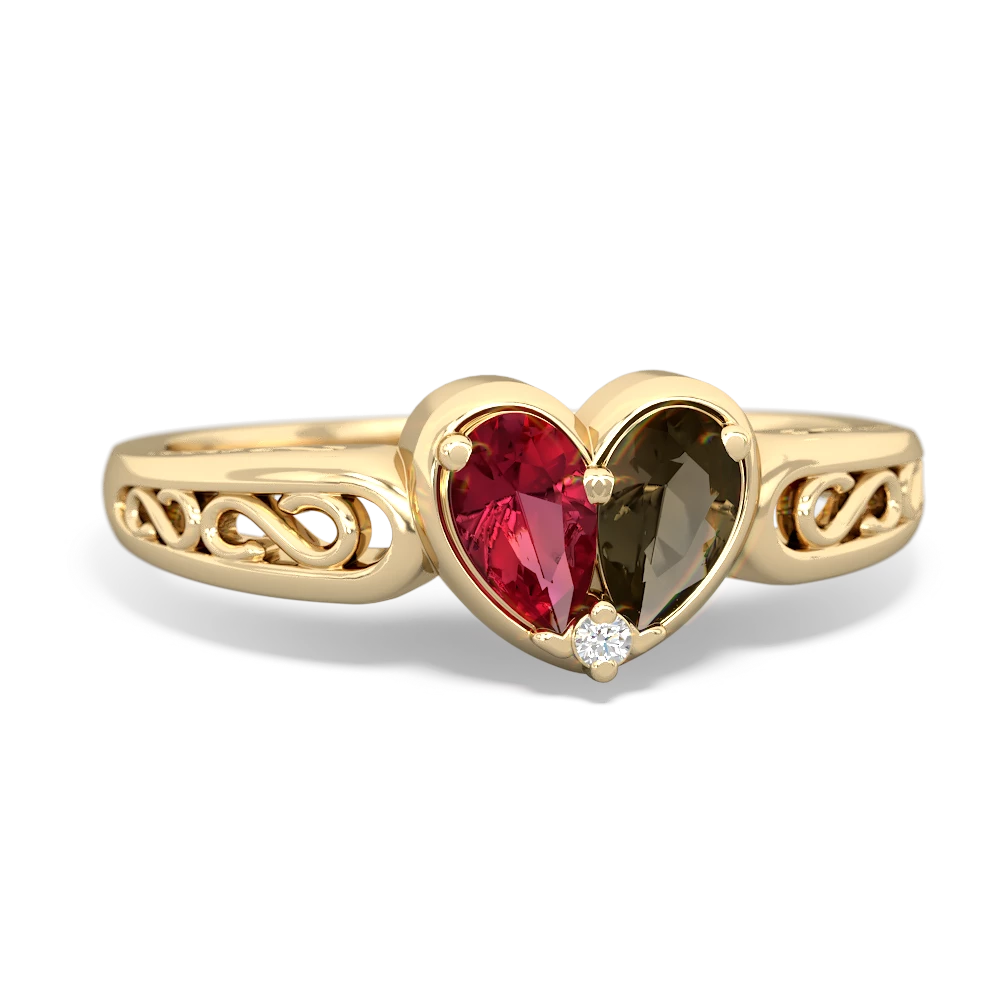 Lab Ruby Filligree 'One Heart' 14K Yellow Gold ring R5070