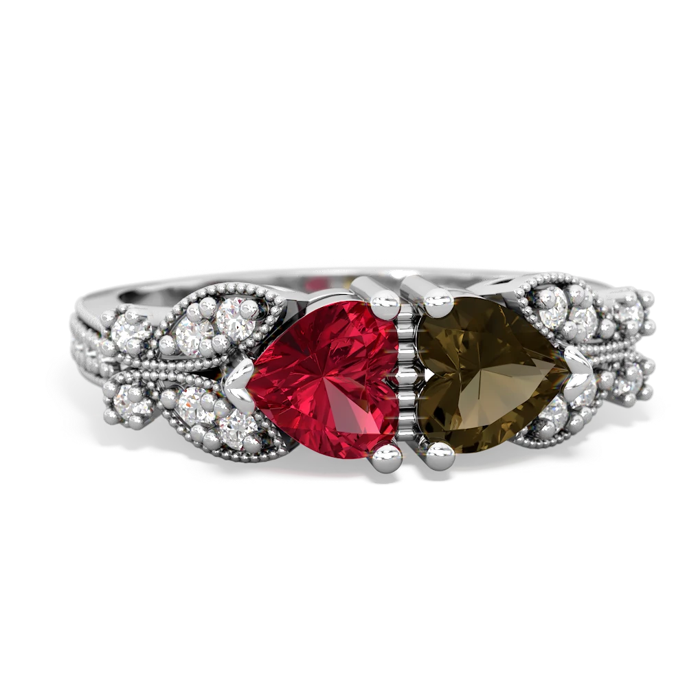 Lab Ruby Diamond Butterflies 14K White Gold ring R5601