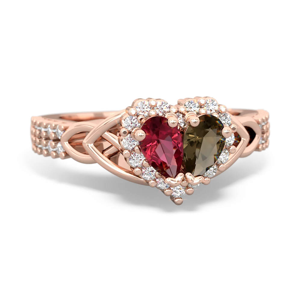 Lab Ruby Celtic Knot Two Hearts As One 14K Rose Gold ring R2644HRT