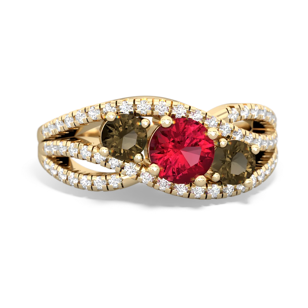 Lab Ruby Three Stone Aurora 14K Yellow Gold ring R3080