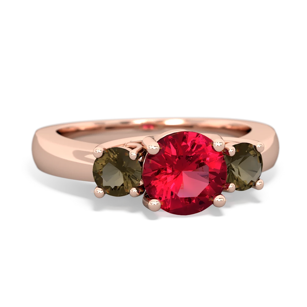 Lab Ruby Three Stone Round Trellis 14K Rose Gold ring R4018