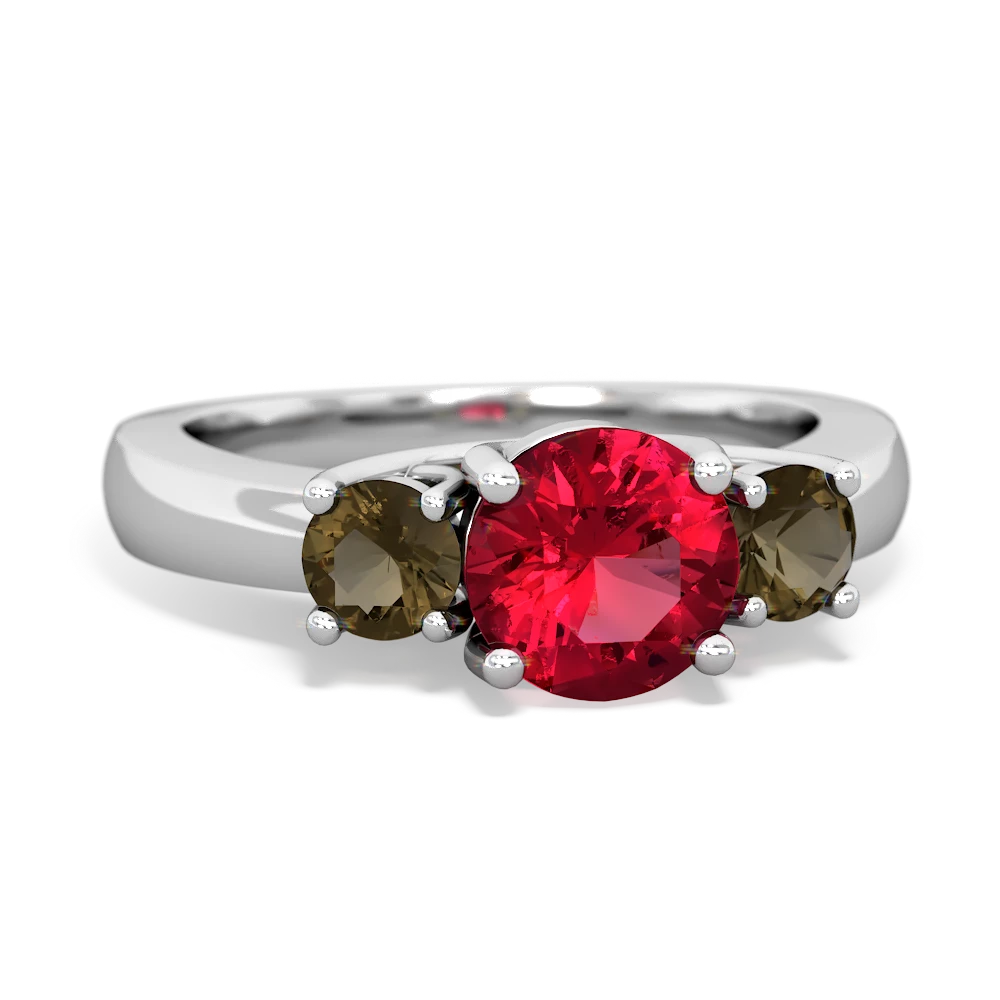 Lab Ruby Three Stone Round Trellis 14K White Gold ring R4018